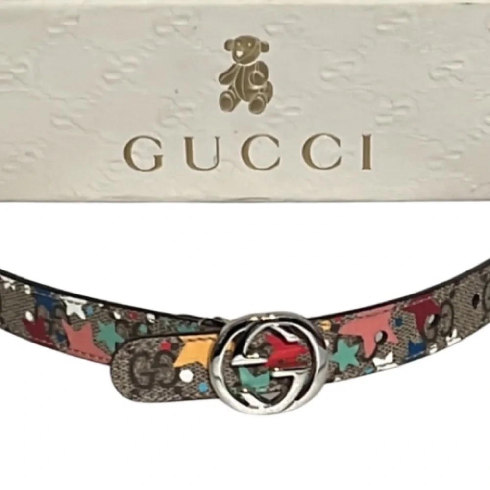Authentic Gucci luxury designer signature GG star print leather belt kids sz S